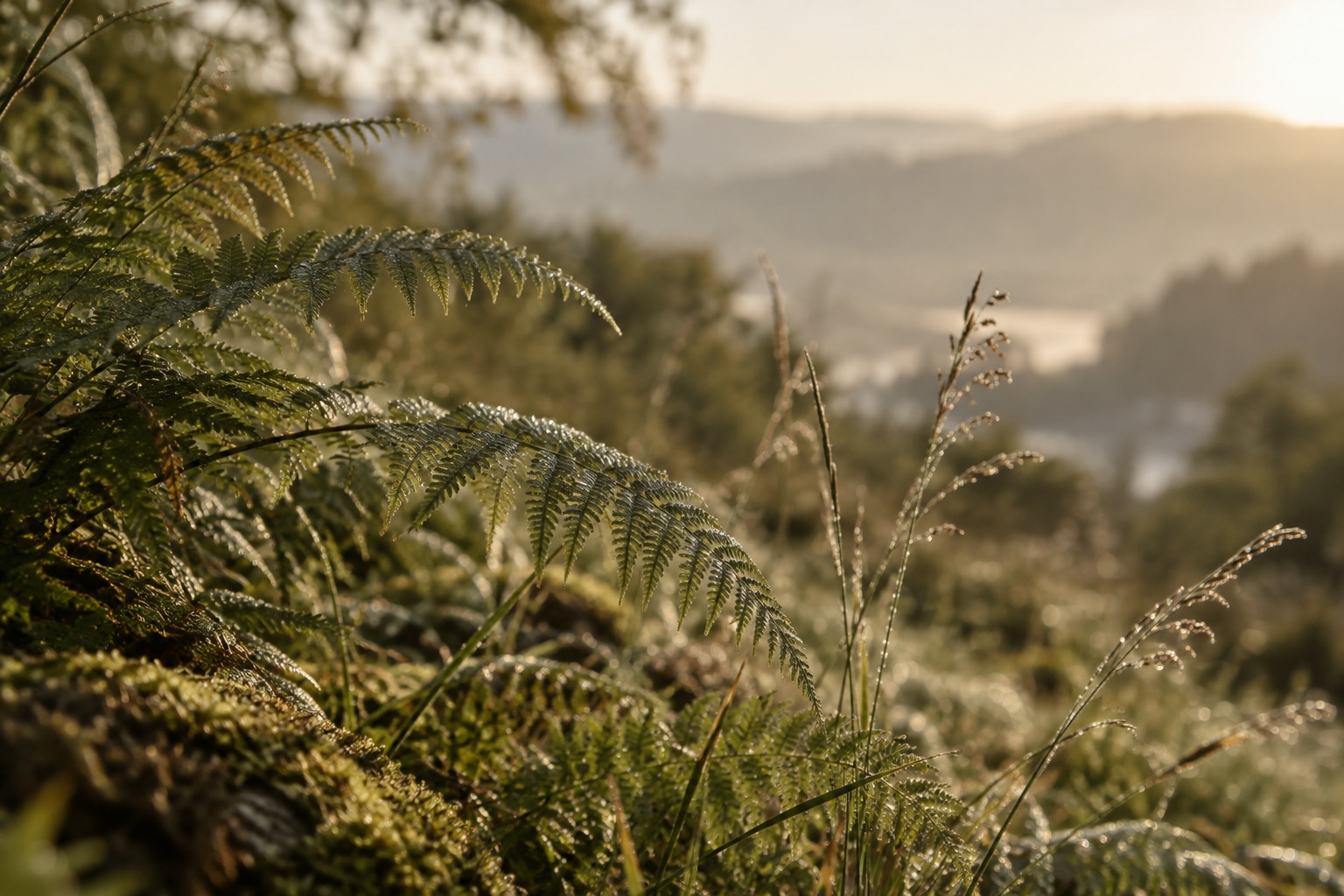 Illustration of fern fronds and grasses in soft morning light