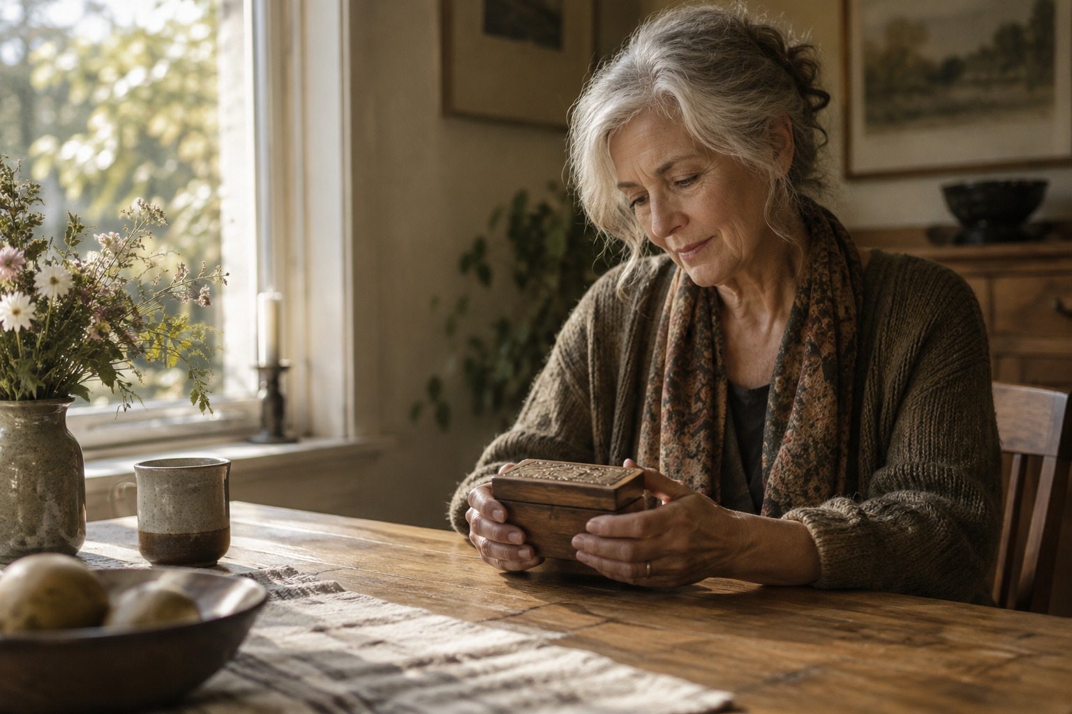 Illustration of an older woman holding a small keepsake beside a window